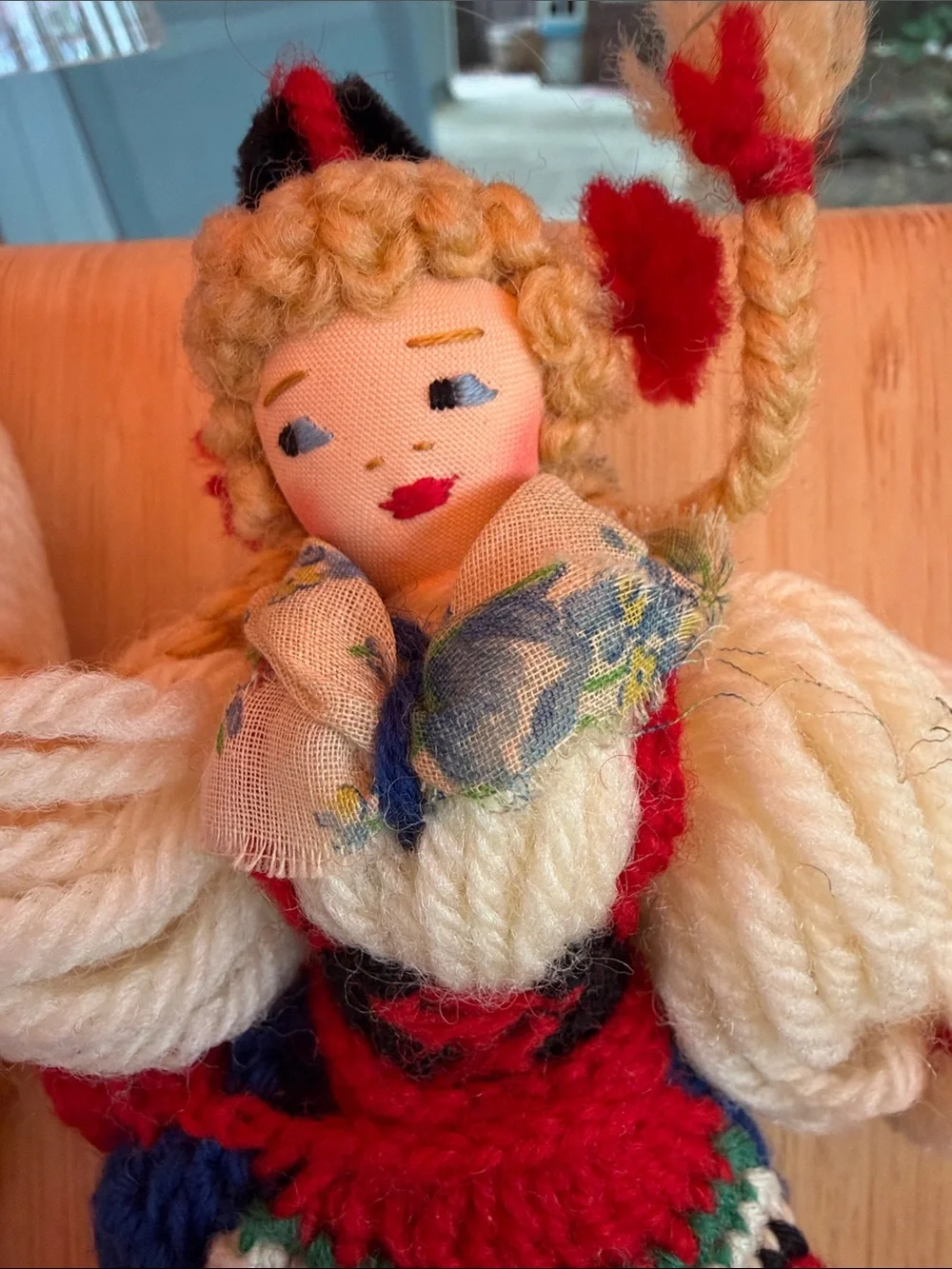 Handmade Blue & Red Yarn Folk Doll Pair with Yellow Accents